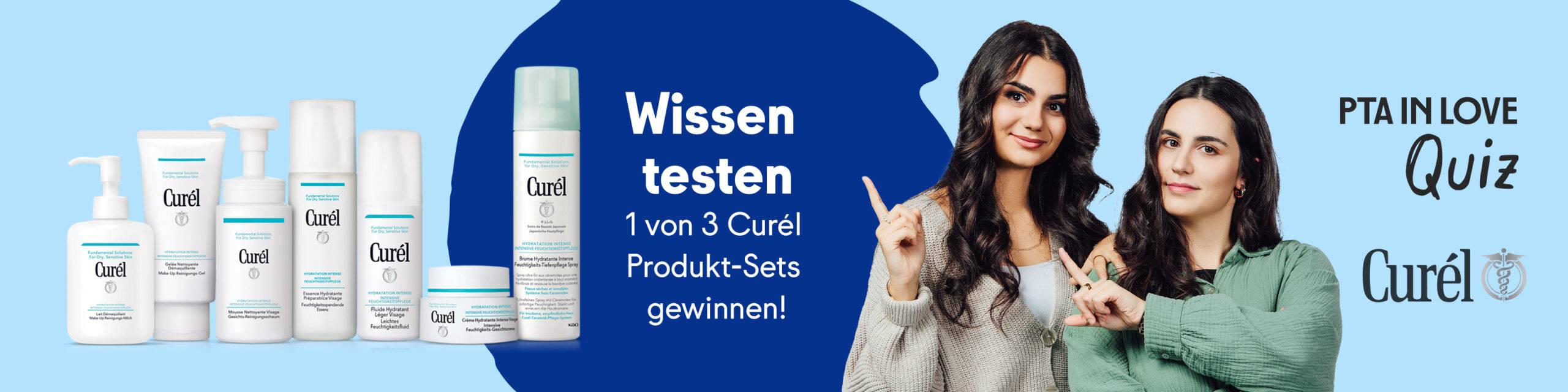 Anzeige für das PTA IN LOVE-Quiz „Curél Hautpflege mit Ceramiden“ - der Link führt zum Quiz, bei dem 1 von 3 Curél Produkt-Sets gewonnen werden kann.