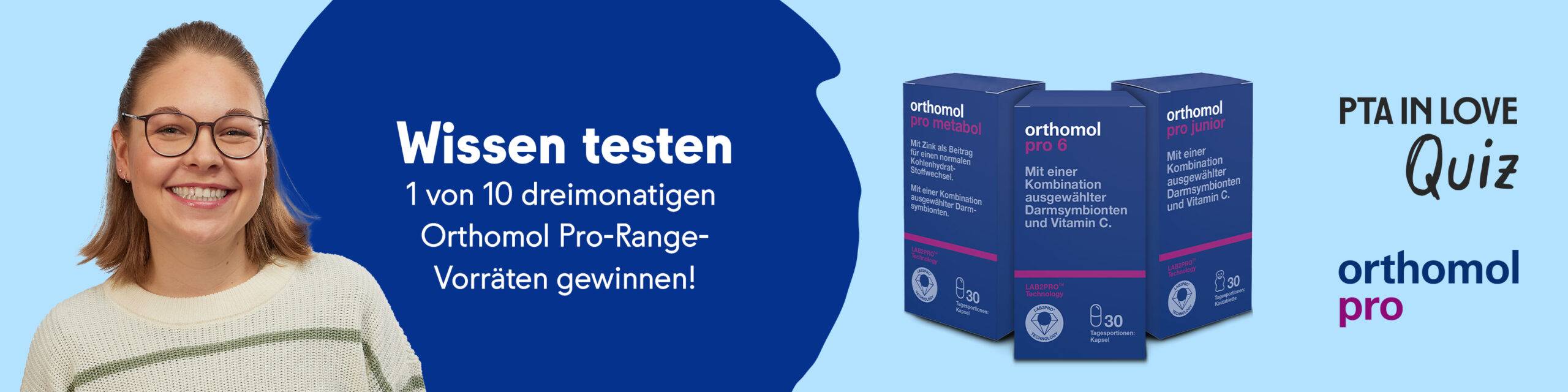 Anzeige für das PTA IN LOVE-Quiz "Orthomol Pro-Range" - der Link führt zum Quiz, bei dem 1 von 10 dreimonatigen Orthomol Pro-Range-Vorräten gewonnen werden kann.