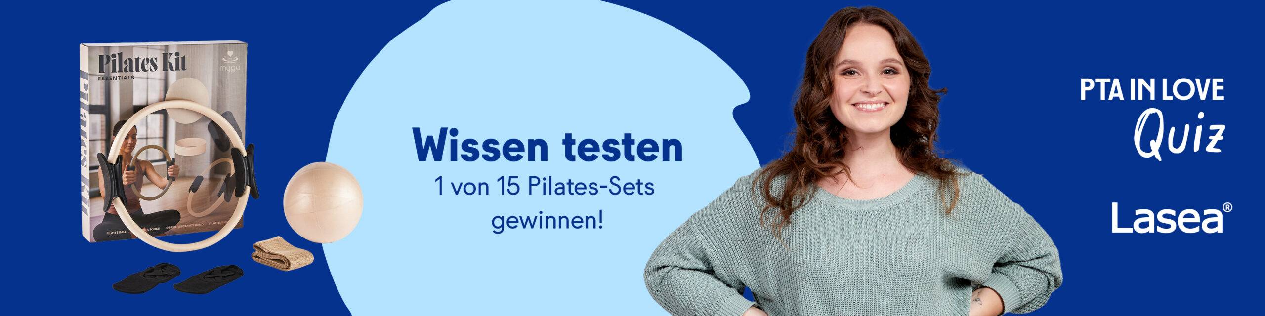 Anzeige für das PTA IN LOVE-Quiz „Lasea Informations-Check“ - der Link führt zum Quiz, bei dem 1 von 15 Pilates-Sets gewonnen werden kann.