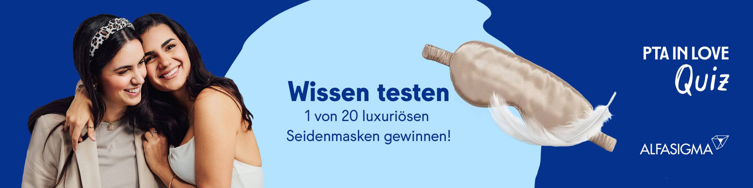 Anzeige für das PTA IN LOVE-Quiz "Enterolactis® Plus" - der Link führt zum Quiz, bei dem 1 von 20 luxuriösen Seidenmasken gewonnen werden kann.