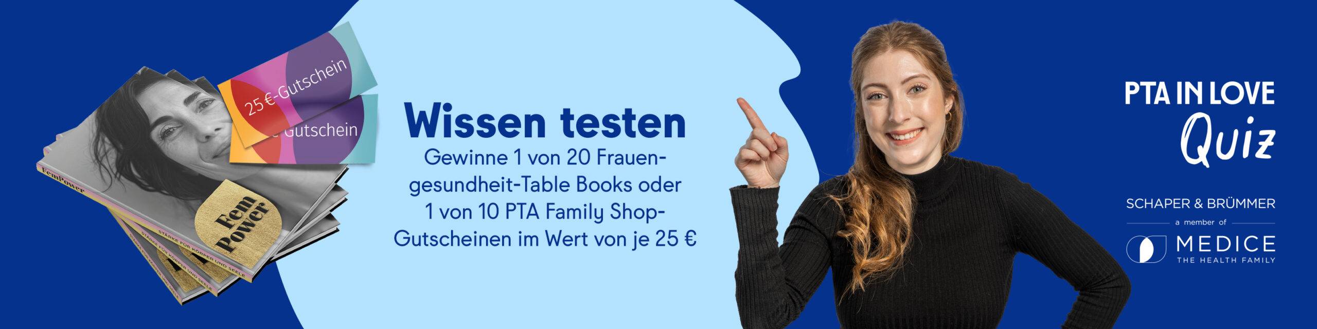 Anzeige für das PTA IN LOVE-Quiz „Cystinol akut®“ - der Link führt zum Quiz, bei dem 1 von 20 FemBooks oder 1 von 10 PTA Family Shop 25€-Gutscheinen gewonnen werden kann.