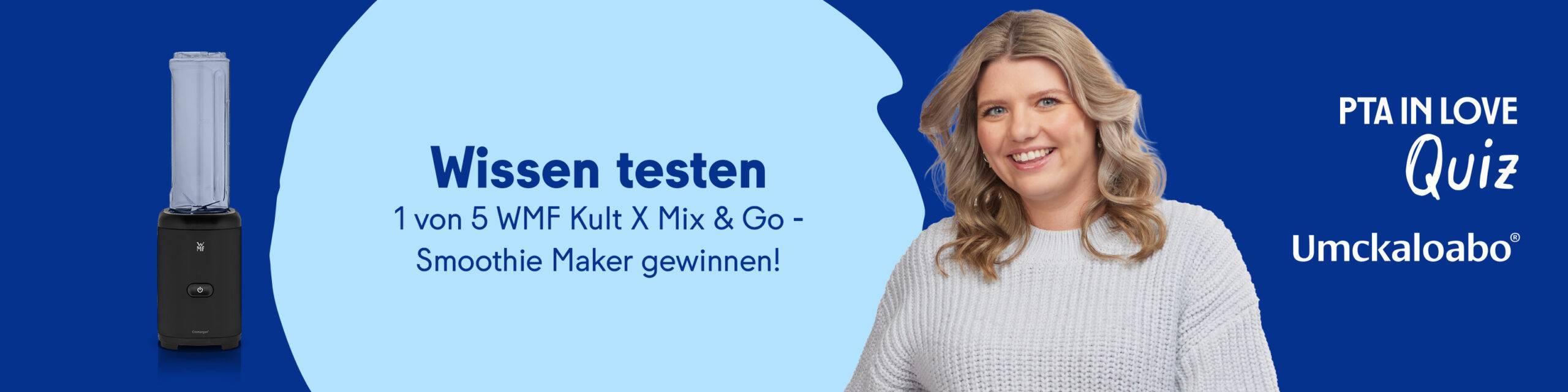 Anzeige für das PTA IN LOVE-Quiz „Umckaloabo®“ - der Link führt zum Quiz, bei dem 1 von 5 WMF Kult X Mix & Go - Smoothie Maker gewonnen werden kann.