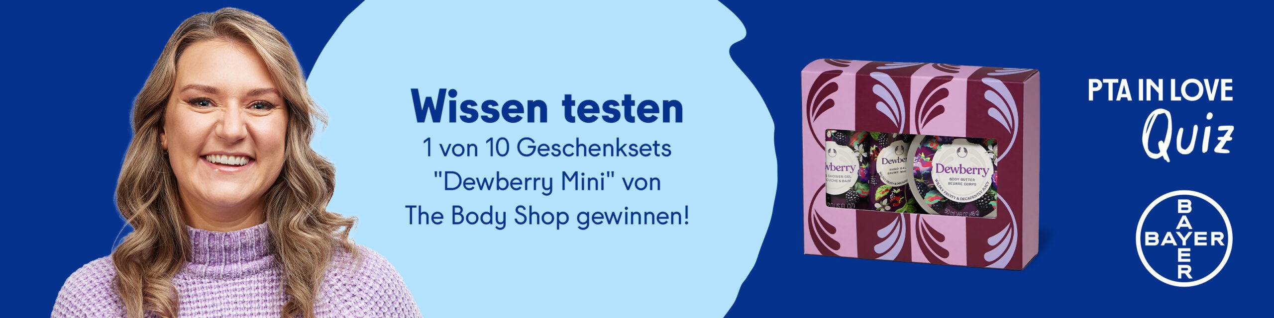 Anzeige für das PTA IN LOVE-Quiz „Talcid®“ - der Link führt zum Quiz, bei dem 1 von 10 Geschenksets "Dewberry Mini" von The Body Shop gewonnen werden kann.