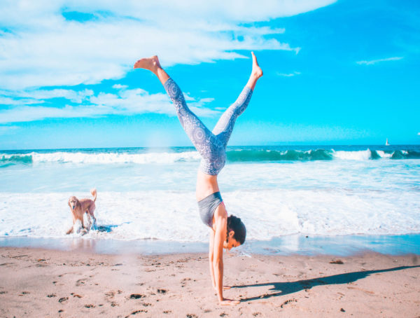 Frau macht Handstand am Strand, Hund ist im Wasser