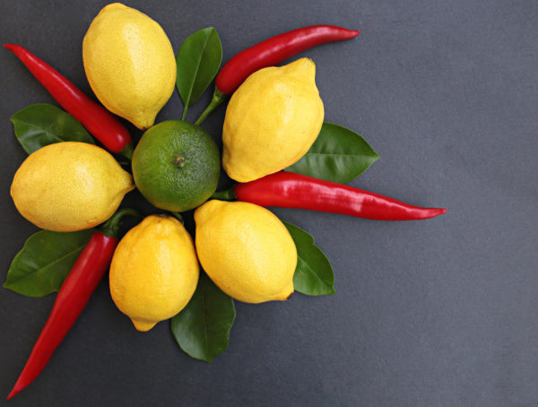 Zitronen um eine Limette im Kreis gelegt, zwischen den Zitronen liegen Chilieschoten