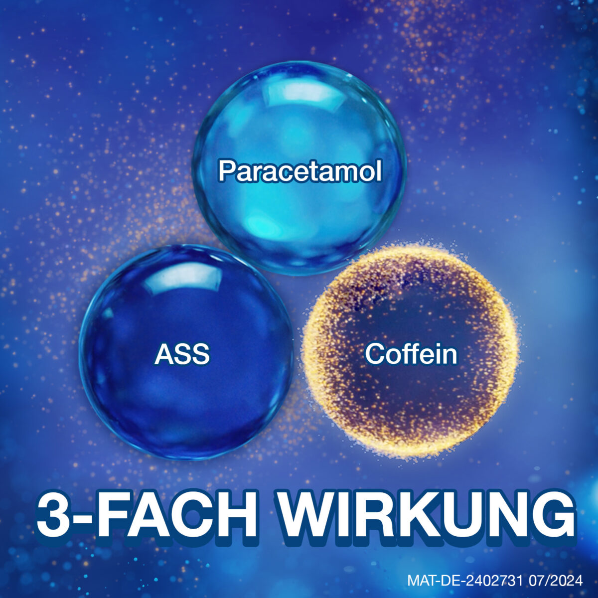 3er Kombination" Grafik: Illustration der bewährten 3er Wirkstoffkombination von Thomapyrin gegen Kopfschmerzen als drei Wirkstoff-Bubbles: Eine hellblaue Bubble mit dem Wort „Paracetamol“, eine dunkelblaue Bubble mit dem Wort „ASS“ und eine goldene Bubble mit dem Wort „Coffein