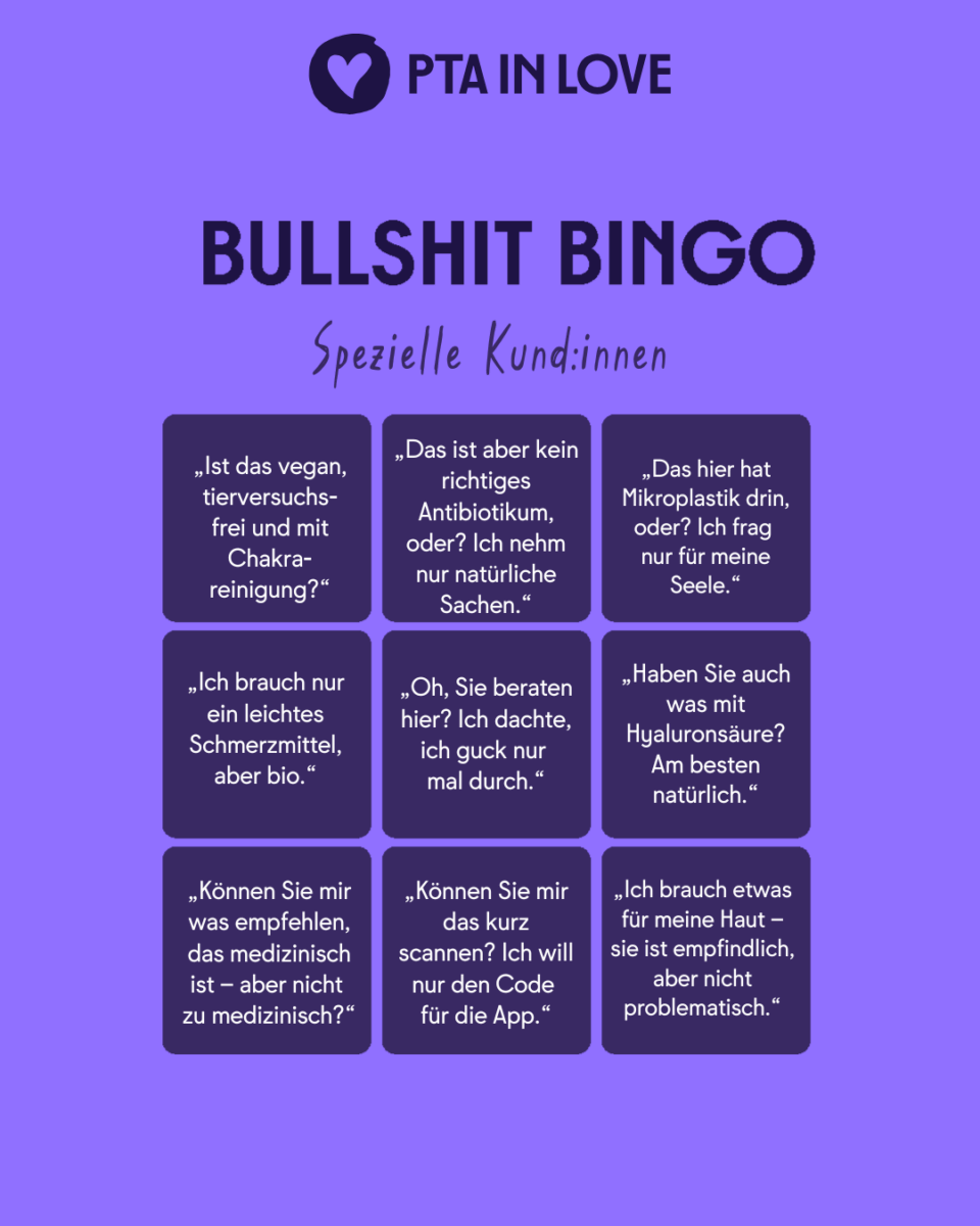Bullshit-Bingo mit Sätzen von speziellen Kund:innen in der Apotheke