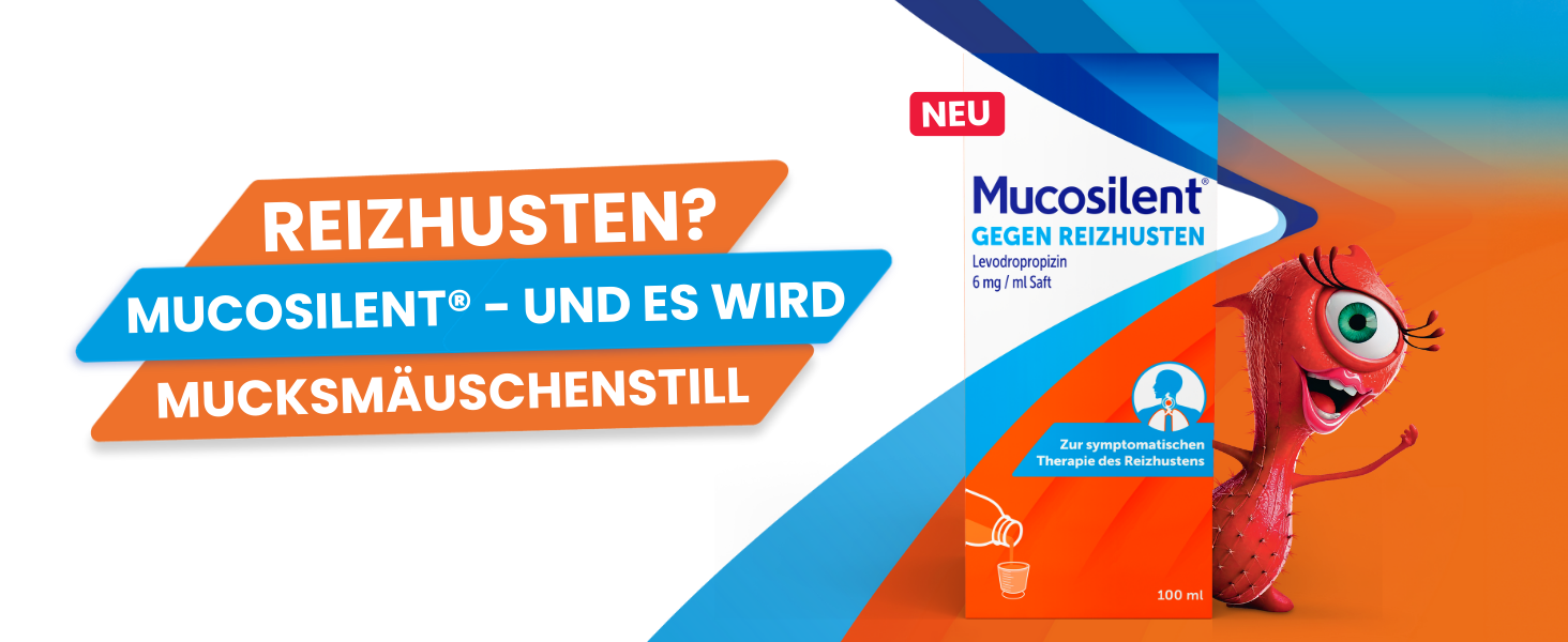 Banner für das Hustenmittel Mucosilent®. Der Text lautet: „Reizhusten? Mucosilent® – und es wird mucksmäuschenstill“. Gezeigt wird eine 100-ml-Flasche Mucosilent Saft mit dem Wirkstoff Levodropropizin zur symptomatischen Behandlung von Reizhusten. Rechts im Bild ist ein rotes Cartoon-Monster mit großen Augen und Wimpern zu sehen. Hintergrund in Blau-Orange-Verlauf.