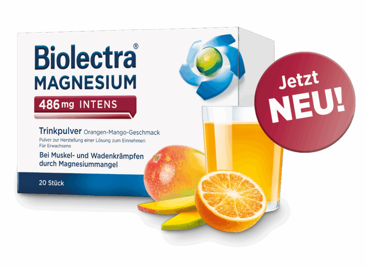 Biolectra Magnesium 486mg INTENS Produktverpackung mit Mango, Orange und Glas mit orangener Flüssigkeit, roter "Jetzt NEU!" Button im Vordergrund