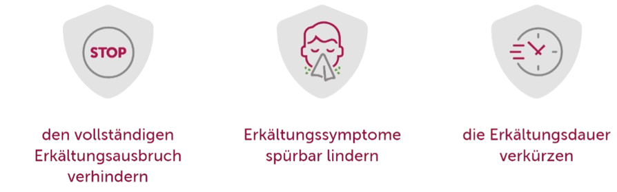 Grafik mit drei Symbolen zu den Vorteilen von algovir: Ein Stopp-Schild für das Verhindern des vollständigen Erkältungsausbruchs, ein erkälteter Mensch mit Taschentuch für das spürbare Lindern von Symptomen und eine Uhr für das Verkürzen der Erkältungsdauer.