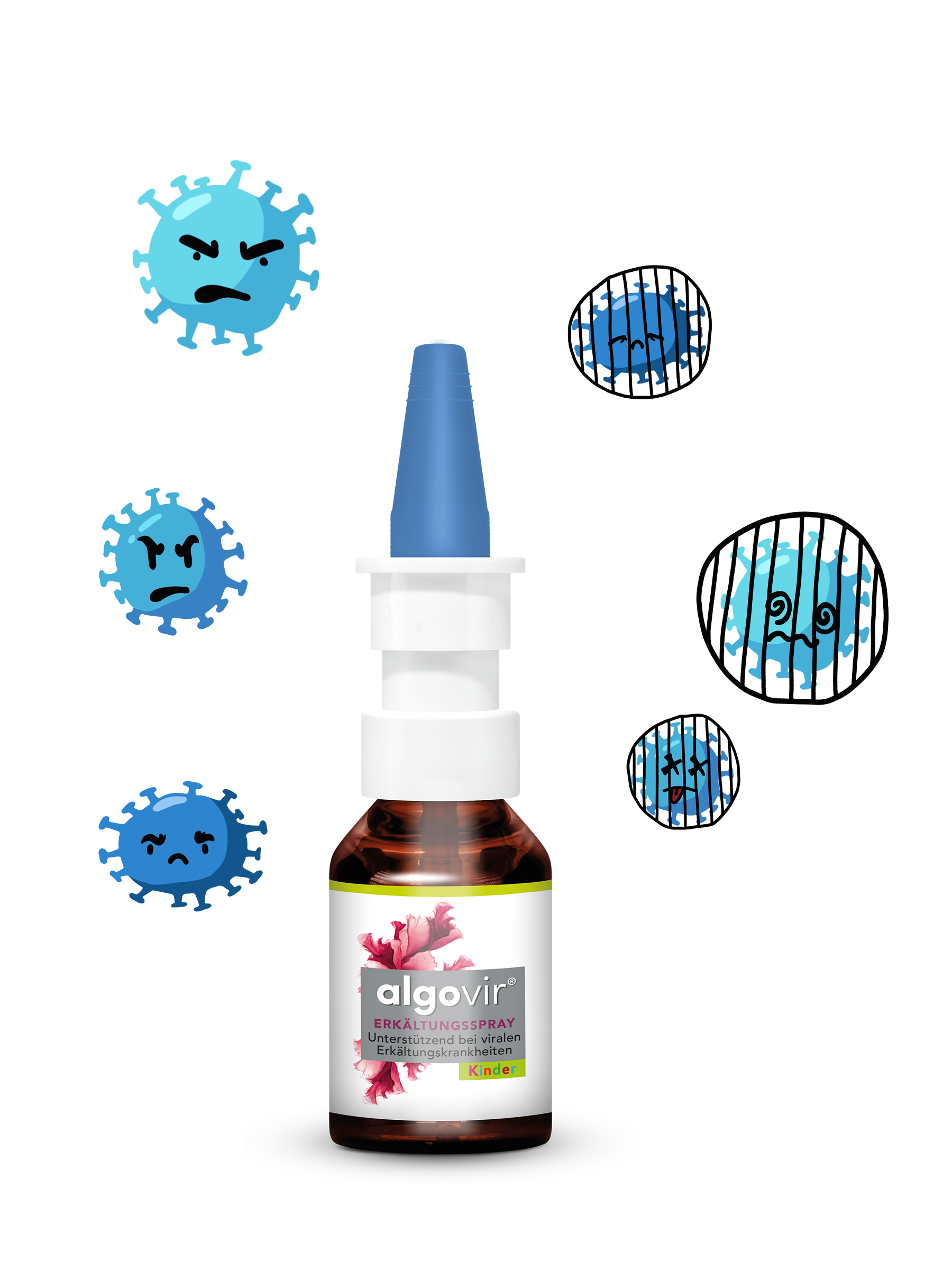 Abbildung einer algovir Nasensprayflasche mit weißem Sprühkopf und blauem Deckel. Um das Spray herum sind blaue Virenillustrationen zu sehen, einige davon in stilisierten Käfigen, was symbolisch für das Einfangen und Blockieren von Viren steht.