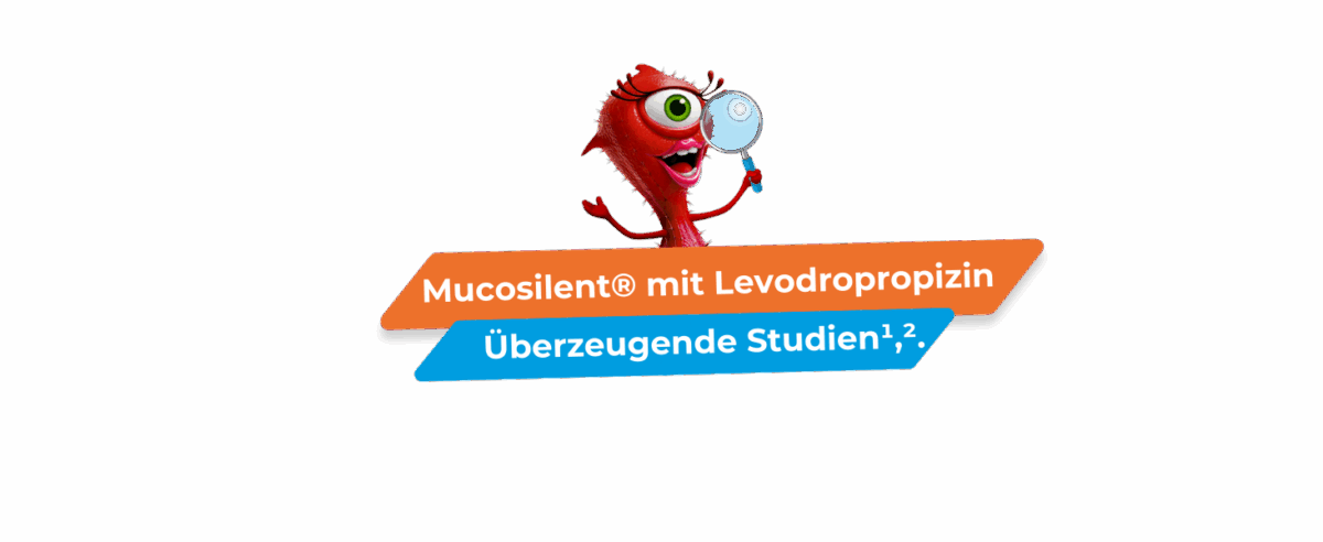 Überschrift "Mucosilent® mit Levodropropizin. Überzeugende Studien", darüber ein rotes Cartoon-Monster mit Lupe.“
