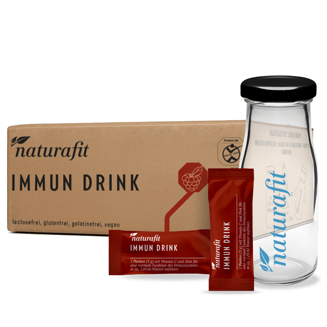 Produktbild naturafit Immun Drink Karton mit Portionsbeutel und Glasflasche