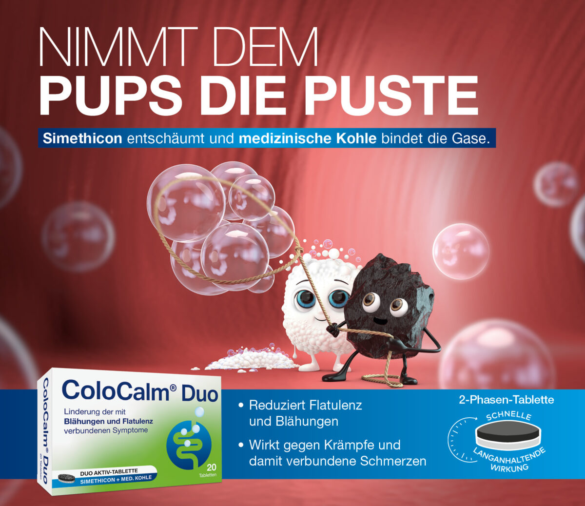 ColoCalm® Duo-Maskottchen Schaumi und Kohli. Kohli fängt Luftblasen im Darm mit einem Lasso.