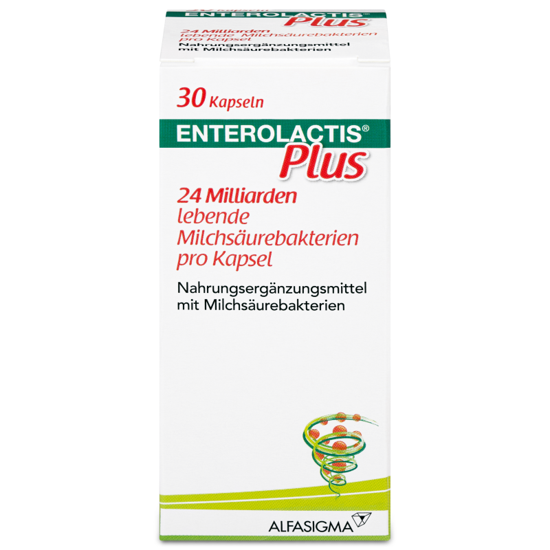 Das Produkt Enterolactis wird in einer weißen Produktschachtel von vorne gezeigt