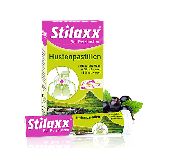 Stilaxx Hustenpastillen im Röhrchen, Packshot und Cassis-Frucht abgebildet