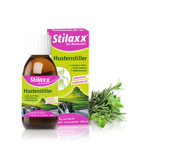 Stilaxx Hustenstiller 200ml als Flasche, Packshot und Pflanze abgebildet