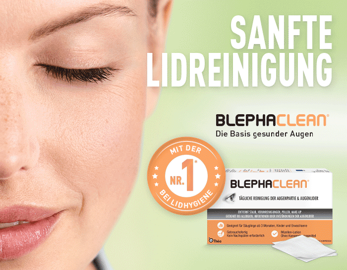 Blephaclean für sanfte Lidreinigung, Werbebanner mit geschlossenem Auge und Produktabbildung.
Das Bild zeigt eine Nahaufnahme eines geschlossenen Auges vor hellgrünem Hintergrund. Rechts daneben steht der Text Sanfte Lidreinigung sowie der Produktname Blephaclean mit dem Slogan Die Basis gesunder Augen. Eine Produktverpackung mit Reinigungskompressen ist abgebildet. Ein rundes Siegel weist Blephaclean als Nummer eins in der Lidhygiene aus. Das Motiv vermittelt eine schonende Reinigung der Augenlider.