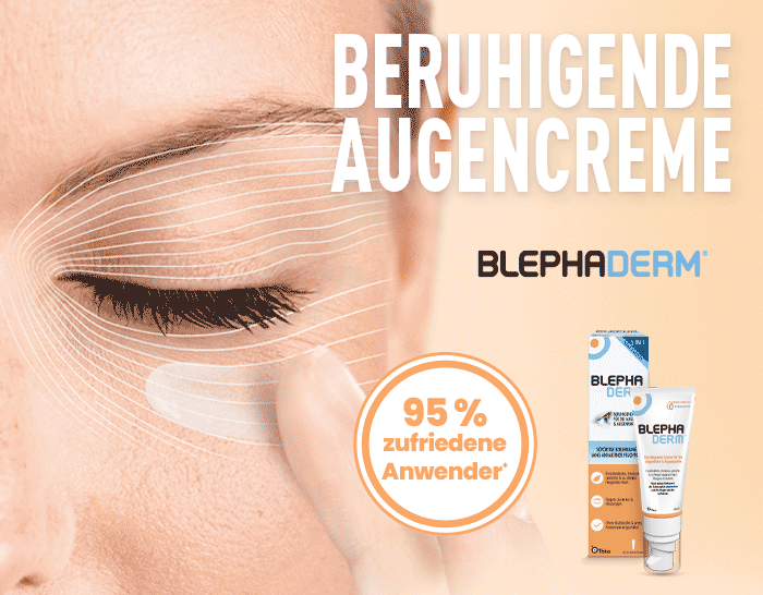 Blephaderm eine beruhigende Augencreme, Werbebanner mit geschlossenem Auge und Produktabbildung. Das Bild zeigt eine Nahaufnahme eines geschlossenen Auges, ein Finger trägt am unteren Lid Creme auf. Rechts daneben steht der Text Beruhigende Augencreme sowie der Produktname Blephaderm. Eine Produktverpackung mit der Tube ist abgebildet. Ein rundes Symbol weist auf die 95 %ige Zufriedenheit der Anwender hin.