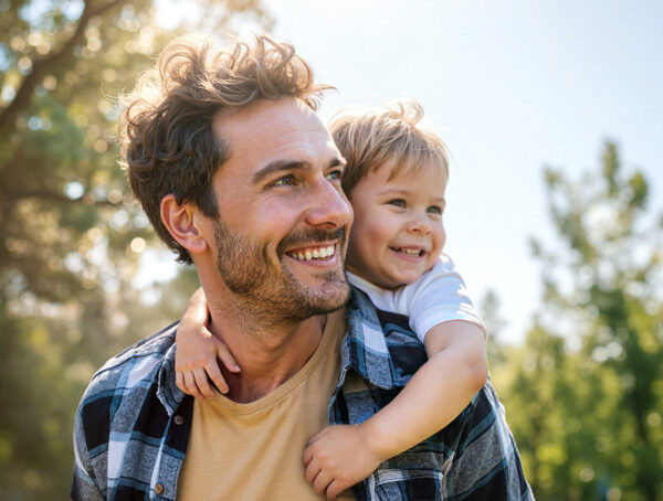 Lachender Vater trägt Kind auf dem Rücken.
