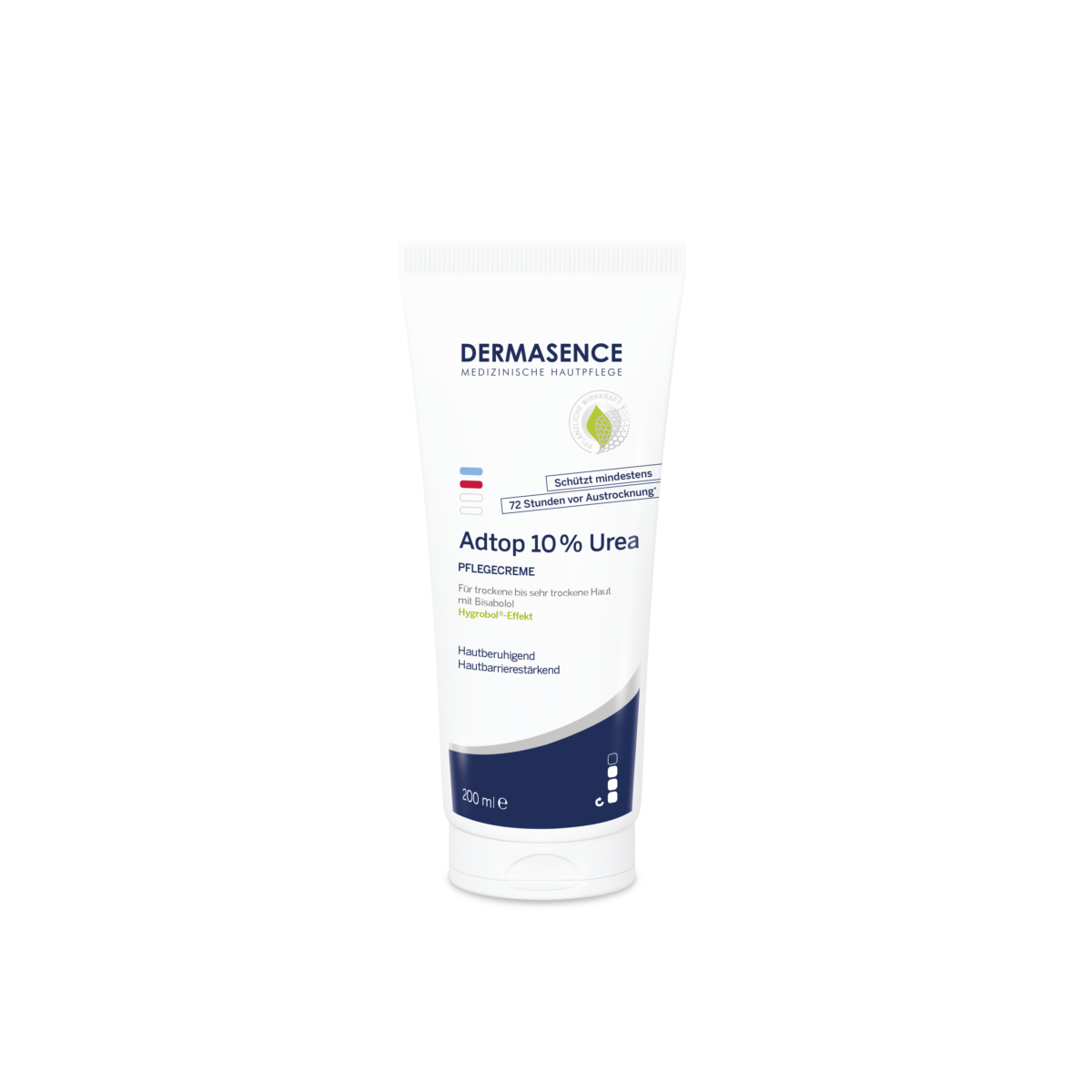 200-ml-Tube Dermasence Adtop 10 % Urea Pflegecreme für trockene bis sehr trockene Haut. Weiße Verpackung mit blau-rotem Design und Hinweisen auf 72-Stunden-Austrocknungsschutz sowie hautberuhigende Wirkung.