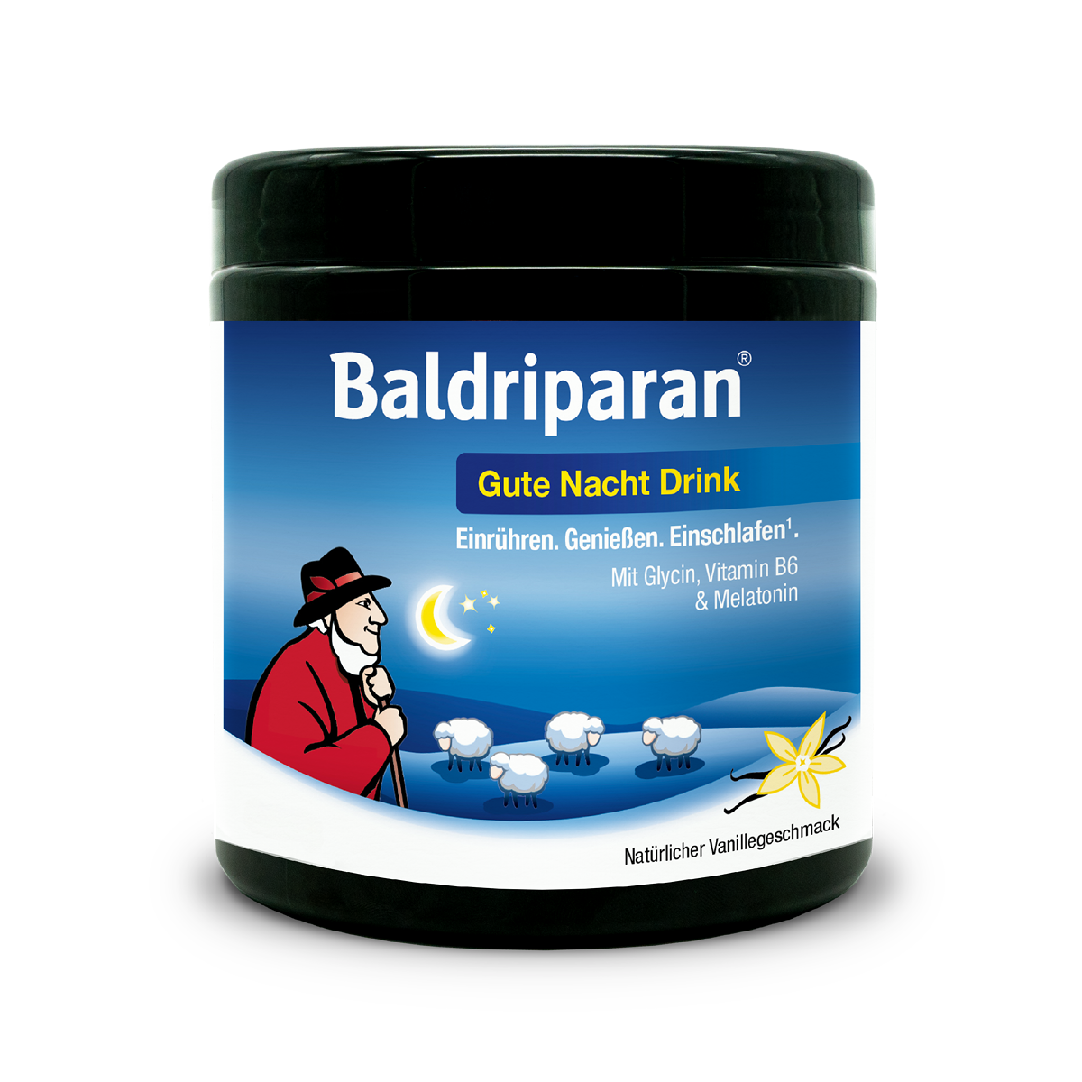 Zu sehen ist eine schwarze Kunststoffdose mit blauem Etikett vor weißem Hintergrund. Auf dem Etikett steht „Baldriparan Gute Nacht Drink“ sowie „Einrühren. Genießen. Einschlafen.“ Darunter befindet sich eine Illustration mit einem Hirten, Schafen und einem Mond in einer nächtlichen Landschaft. Zusätzlich ist der Hinweis „Mit Glycin, Vitamin B6 & Melatonin“ sowie „Natürlicher Vanillegeschmack“ aufgedruckt.