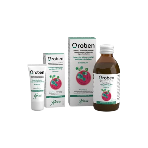 Das Bild zeigt die PRodukte aus der Oroben Produktreihe. Es sind sowhl die Umverpackungen als auch die Produkte zu sehen