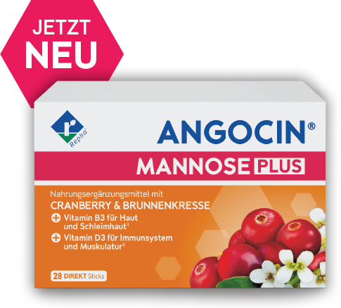 Frontalanischt von der Produktverpackung von ANGOCIN® MANNOSE PLUS mit dem Hinweis „Jetzt neu“. Sichtbar sind Angaben zu Cranberry, Brunnenkresse sowie den Vitaminen B3 und D3. Außerdem sind auf der Verpackung Pflanzenbilder von Brunnenkressenblüten und Cranberries zu sehen.