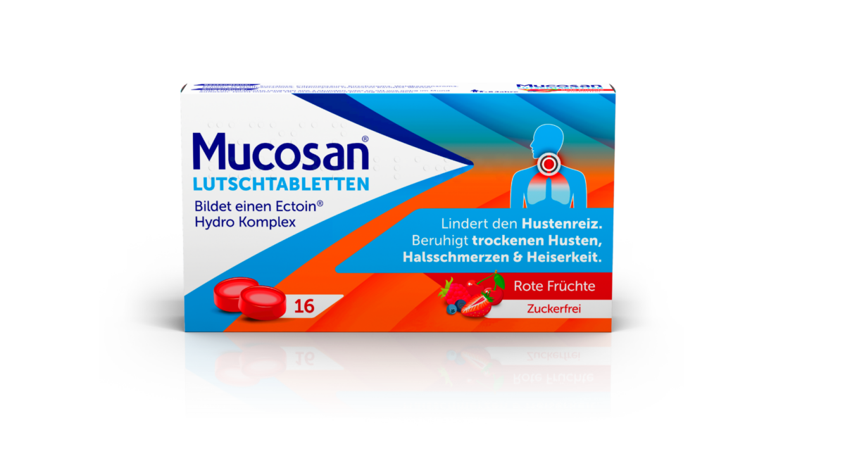 Produktfoto der Mucosan Lutschtabletten. Weiße Packung mit blauem Schriftzug und hellblauen + orangenen Akzenten.