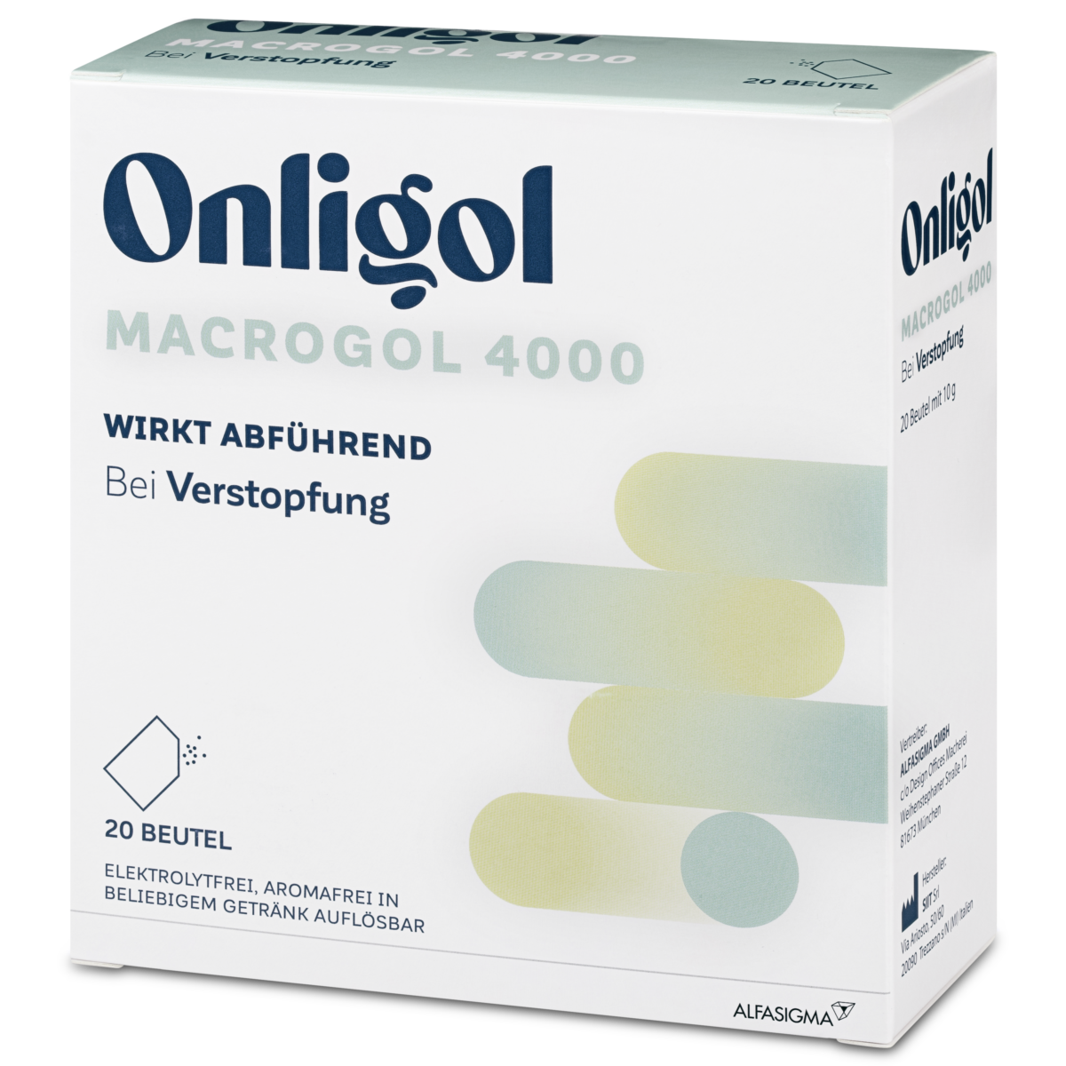 Produkt Onligol Macrogol 4000 Schriftzug. Weiße Packung mit grünen Details.