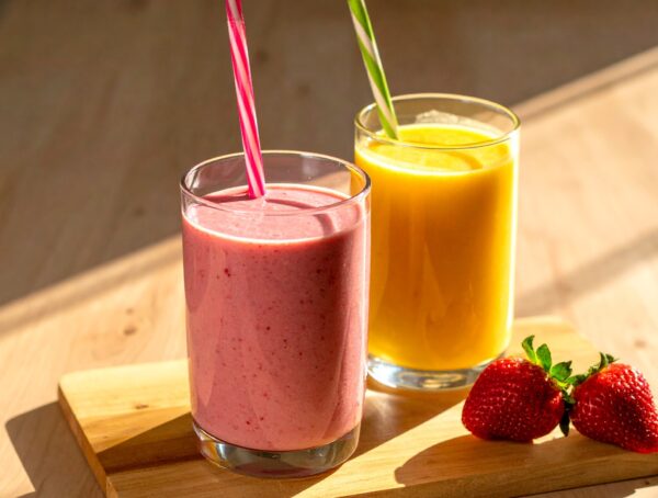 Symbolbild mit zwei Gläsern mit Fruchtsmoothie und Stohhalm auf einem Brett, daneben liegen zwei Erdbeeren.