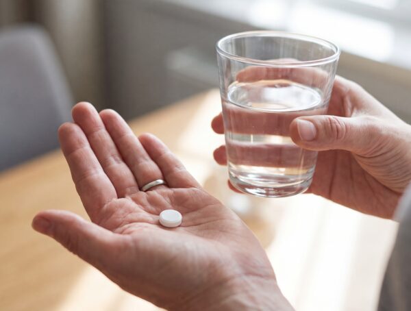 Symbolbild von einer Hand mit einer Tablette und in der anderen Hand mit einem Wasserglas.