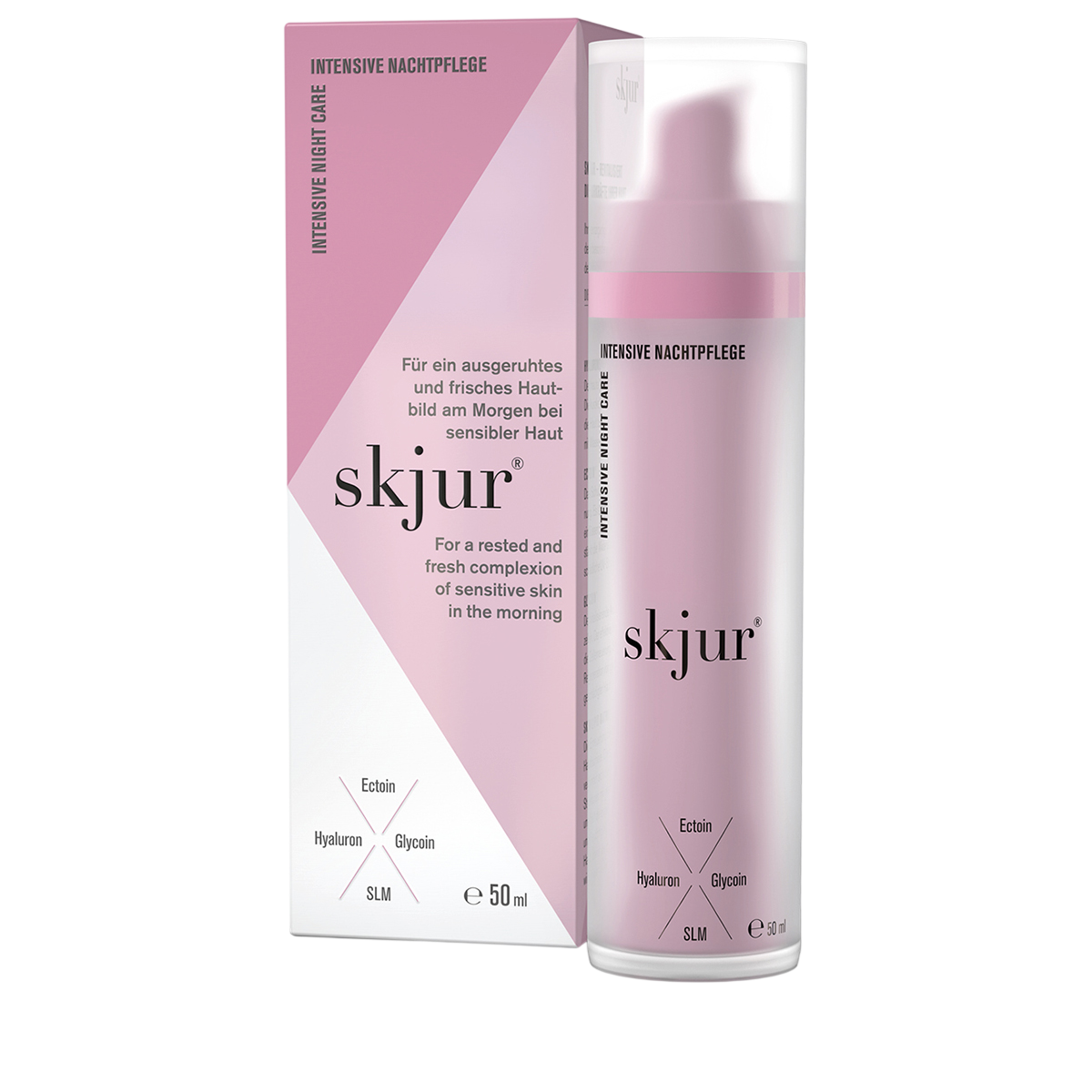 Produkt skjur® intensive Nachtpflege. Schwarze Schrift auf weiß/rosa Verpackung.