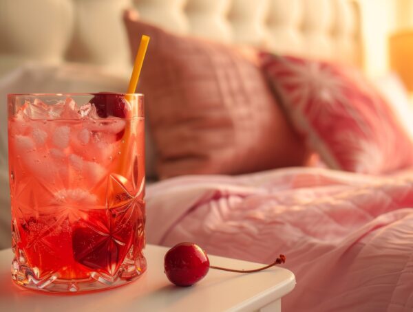 Symbolbild mit einem Glas mit Getränk und Kirschen daneben, dahinter ein Bett.