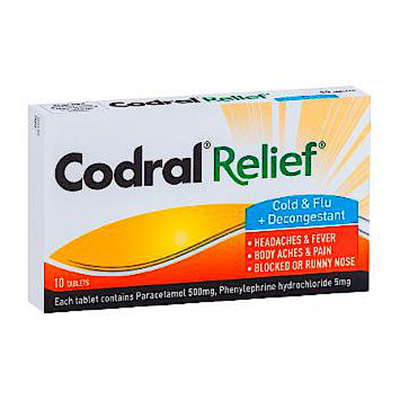 Codral relief ist Paracetamol und Phenylephrin gegen Schmerzen und verstopfte Nasen.