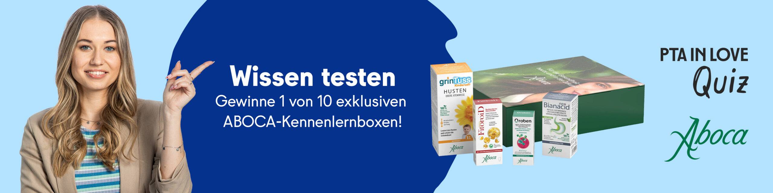Anzeige für das PTA IN LOVE-Quiz „Oroben Mundspülung“ - der Link führt zum Quiz, bei dem 1 von 10 exklusiven ABOCA-Kennenlernboxen gewonnen werden kann.