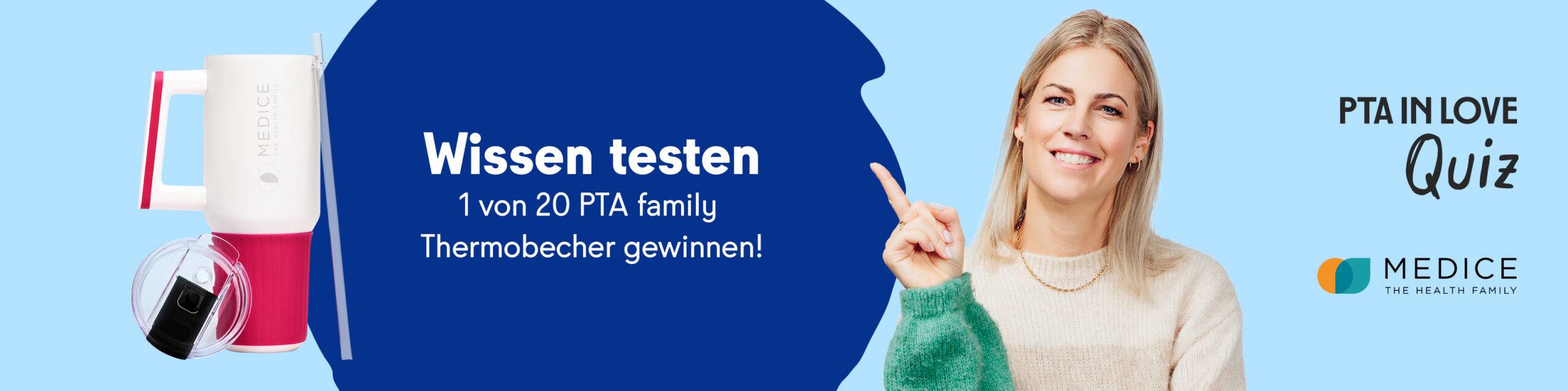 Anzeige für das PTA IN LOVE-Quiz „Perenterol® Protect“ - der Link führt zum Quiz, bei dem 1 von 20 family Thermobecher gewonnen werden kann.