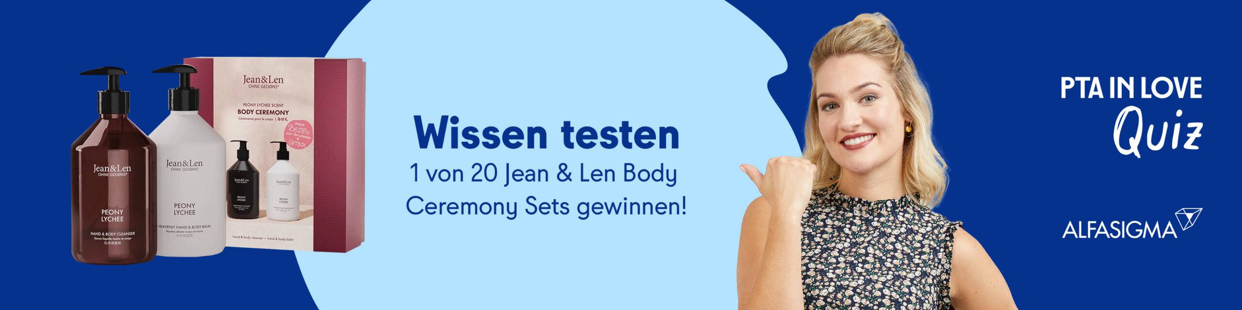 Anzeige für das PTA IN LOVE-Quiz „Onligol Macrogol 4000“ - der Link führt zum Quiz, bei dem 1 von 20 Jean & Lenn Body Ceremony Sets gewonnen werden kann.