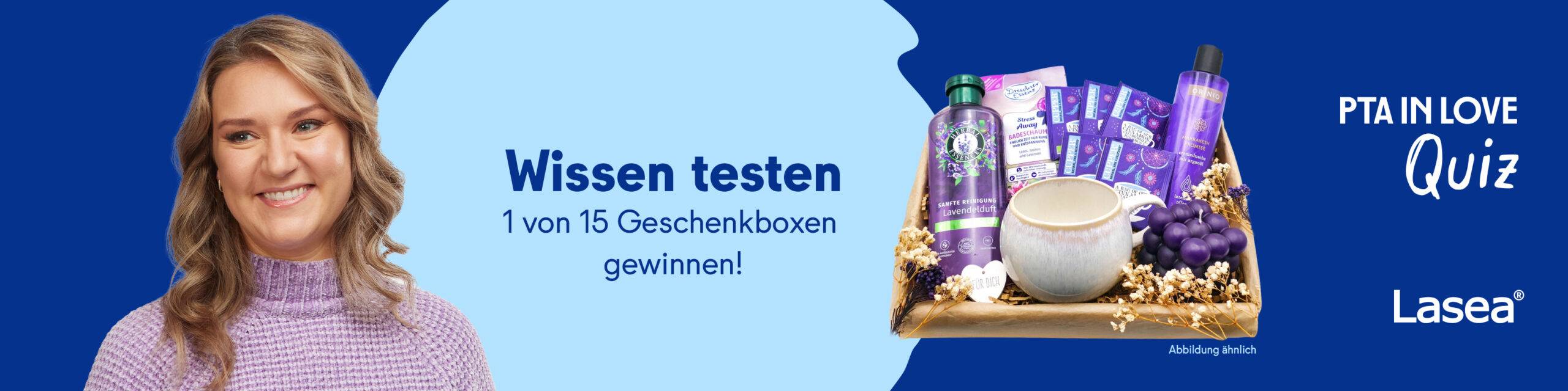 Anzeige für das PTA IN LOVE-Quiz „Lasea®️ Beratungs-Check“ - der Link führt zum Quiz, bei dem 1 von 15 Geschenkboxen gewonnen werden kann.